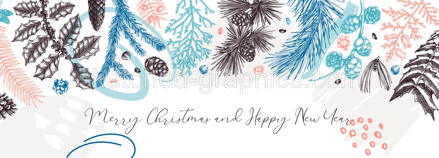 Merry Christmas background. Collage style banner with winter trees, evergreen plants, conifers and nuts drawing. Vector design with hand drawn botanical illustrations. Trendy New Year card template Illustration